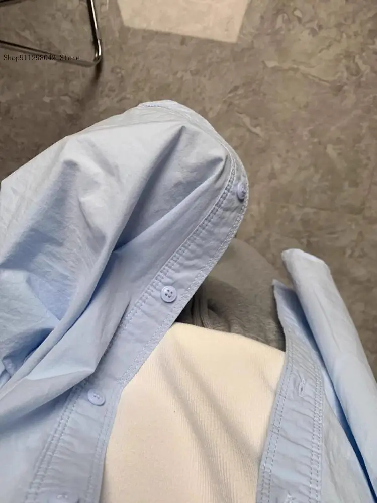 Summer and Autumn Casual Commuting Pure Color Wear Blue Cotton Sunscreen Shirt Back Split Coat for Women