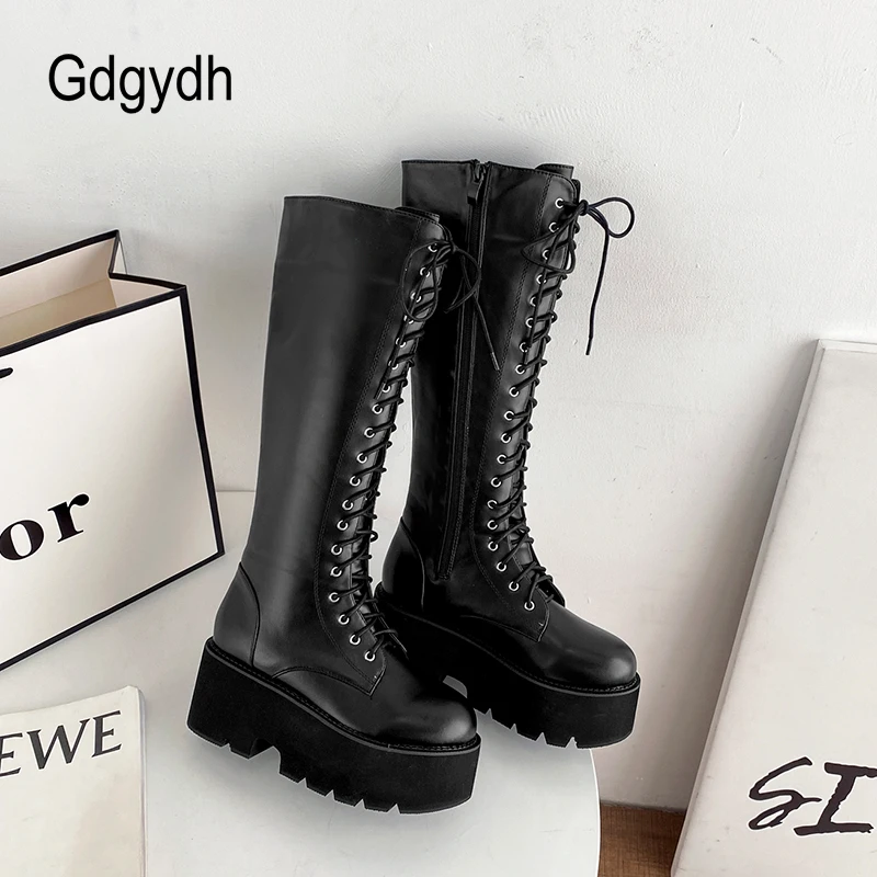 Gdgydh Trendy Cool Autumn Winter Motorcycle Boots Women Footwear Grunge Shoes Chunky Heels Metal Chain Gothmakeup Thick Bottom