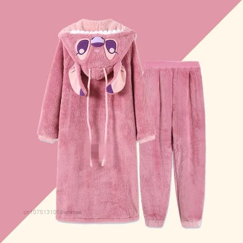 Disney Stitch & Angel Coral Fleece Sleepwear Pajamas for Women Winter Thick Plush Bathrobe for Couples Hooded Long Nightgown