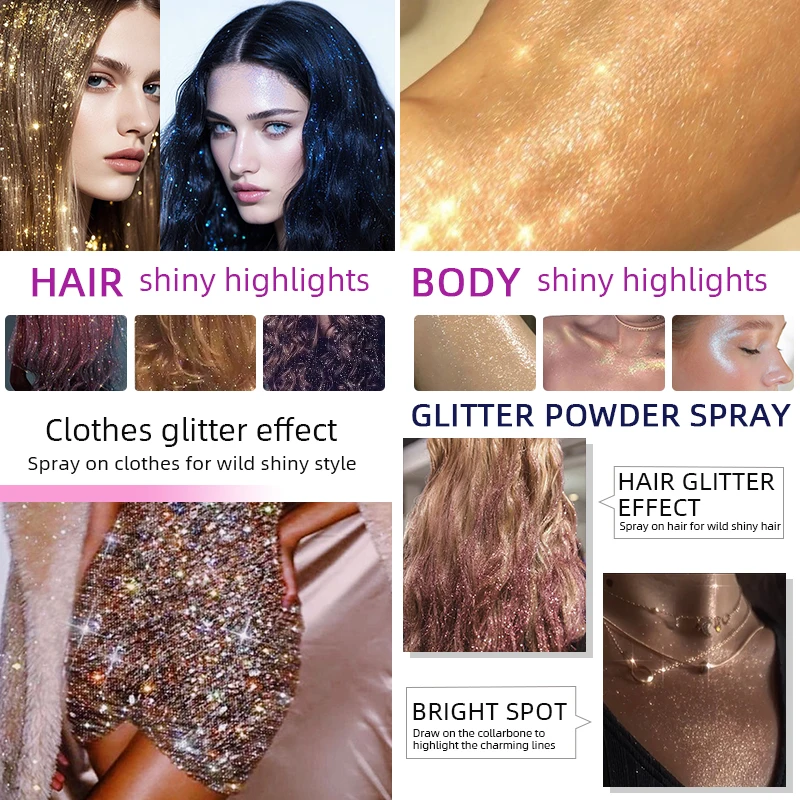 80 ml glitterspray - Shimmer glitterspray cosmetica, instant glans en highlighting voor haar, gezicht, lichaam, lichaamshaarspray make-up