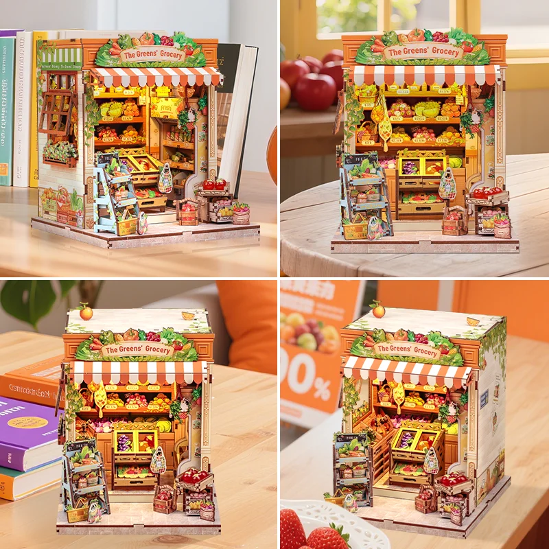 CUTEBEE Kit angolo libro fai-da-te Modello in miniatura Casa delle bambole in legno con inserto per libreria a luce LED Negozio di frutta per la spesa verde
