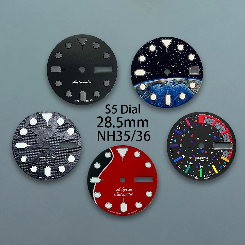 

28.5mm S5 Logo camouflage Dial Suitable For NH36/4R36 Movement Green Luminous Dual Calendar Quality Watch Refit Accessories