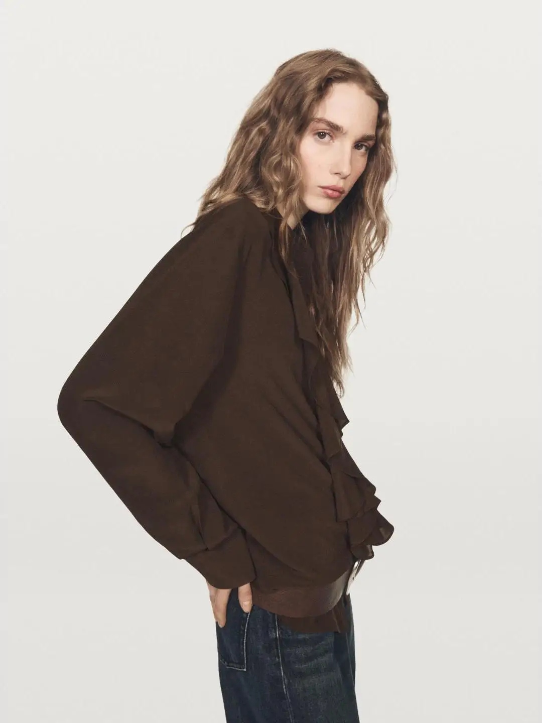 Ele Long Sve irt Commute Sle Collezione invernale Colletto con orlo drappeggiato Faion da donna Misto lino confortevole e traspirante