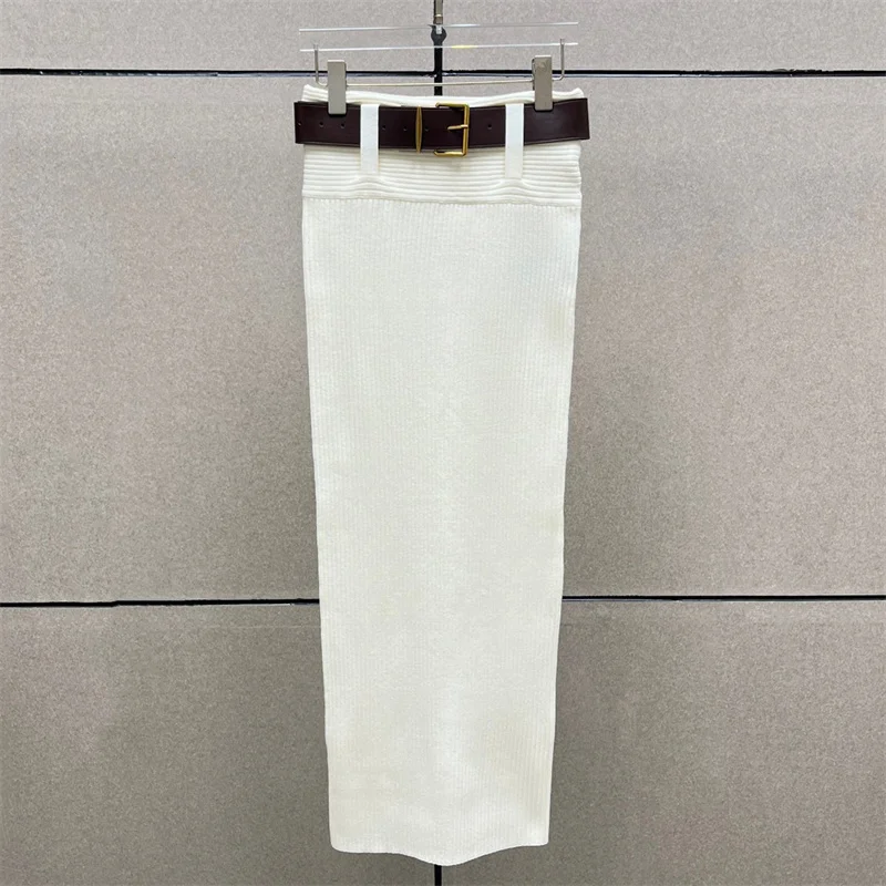 

Women's skirt 2025 Winter new elastic knitted slim fit long skirt Wool blend women's half skirt belt decoration pencil skirt y2k