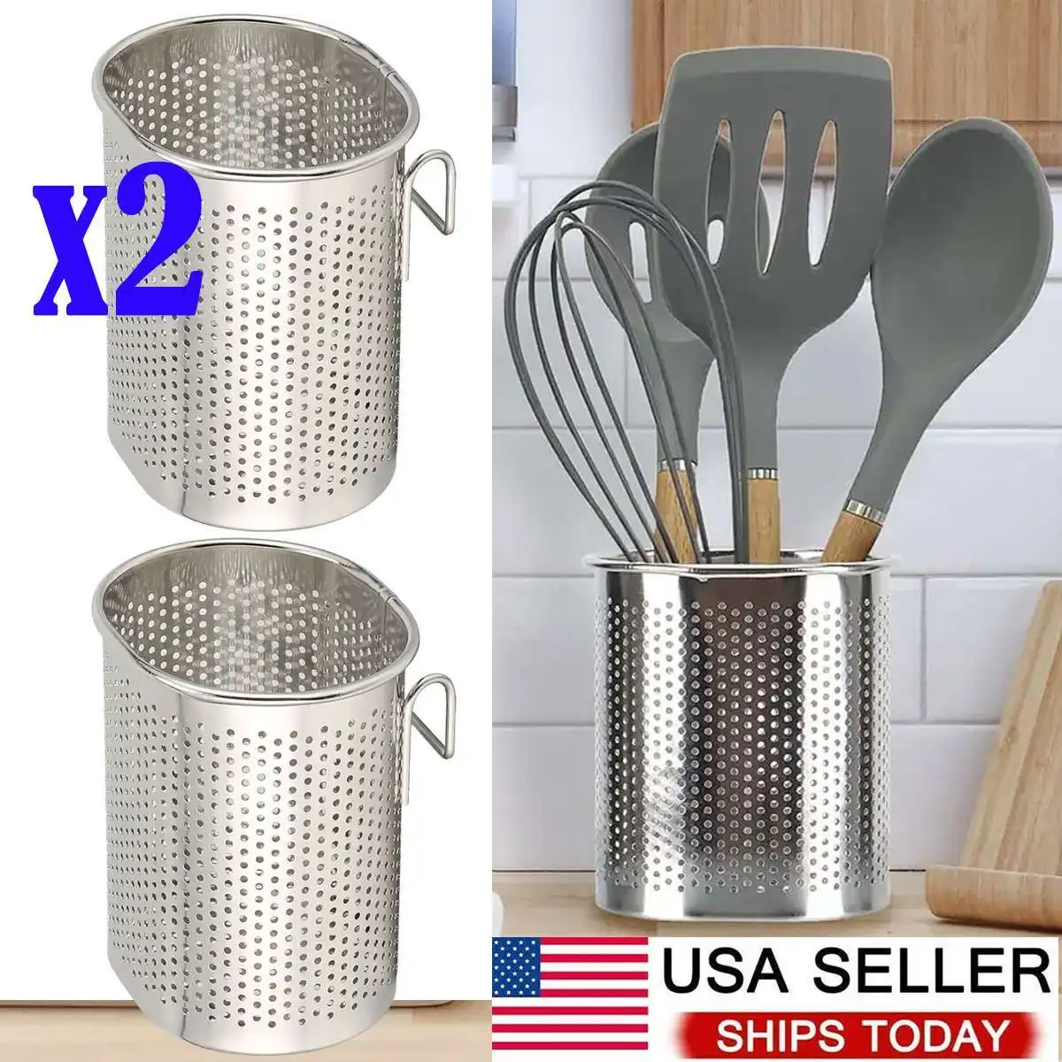 

Stainless Steel Kitchen Utensil Holder Container Flatware Caddy Organizer Tool