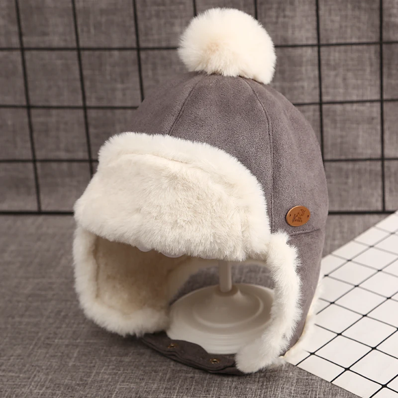 Children\'s Winter Warm Hat Boys Girls Thick Plush Ear Protection Hats Artificial Leather Caps Kids Party Gifts