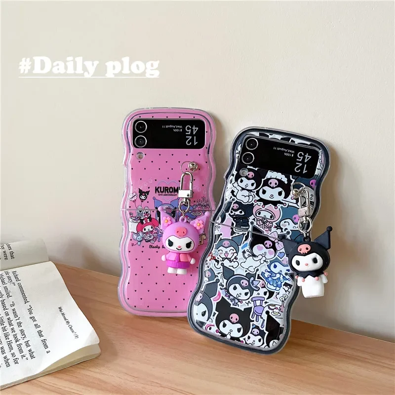 Fashion Kawaii Kuromi with Pendant Phone Case for Samsung Galaxy Z Flip 3 4 Z Flip 5 6 5G PC Hard Anti-drop Back Cover Funda