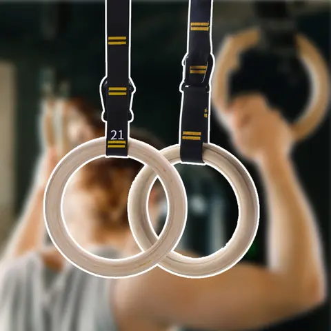 Gymnastikringar i trä med justerbara remmar, gymringsspännen, multifunktionell styrketräningsutrustning för barn och vuxna 8 best sales gymringar - №4