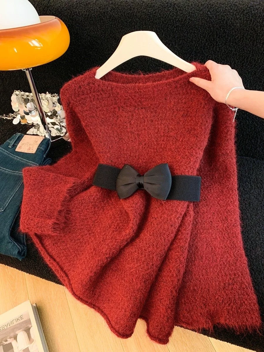 

Красный длинный вязаный свитер Све, женский осенне-зимний новый свитер с узлом на талии, утягивающий свитер, роскошный свитер
