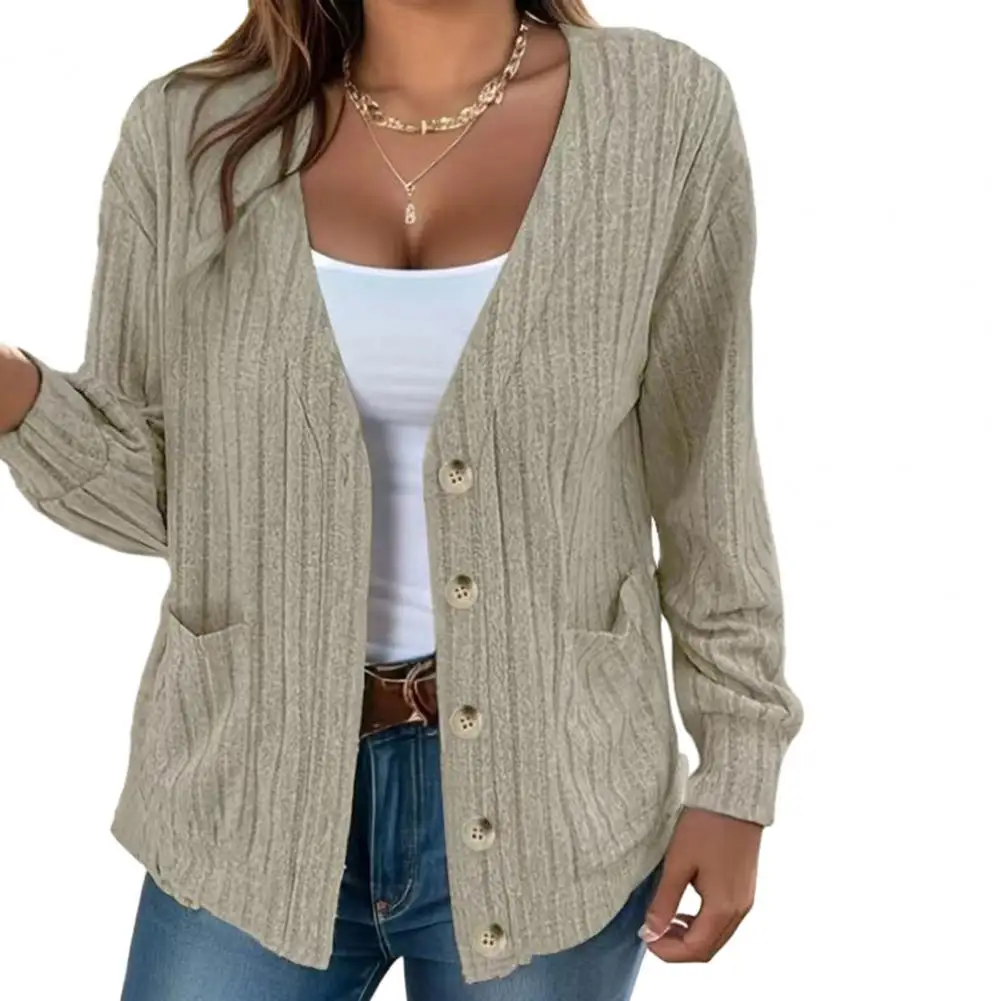 Loose Long-sleeved Cardigan Women Jacket Stylish Women's Knitted Cardigan Coat Soft V Neck Solid Color Long Sleeve for Fall