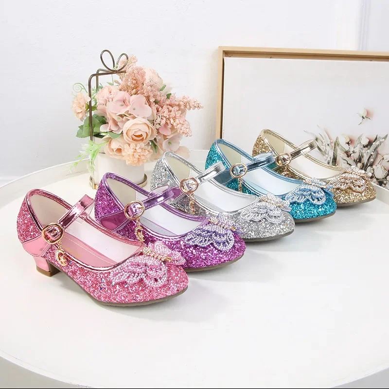 Spring Autumn Little Girl Leather Shoes Chic Butterfly Children's Shoes with Heels Fashion Versatile Kids Princess Wedding Shoes