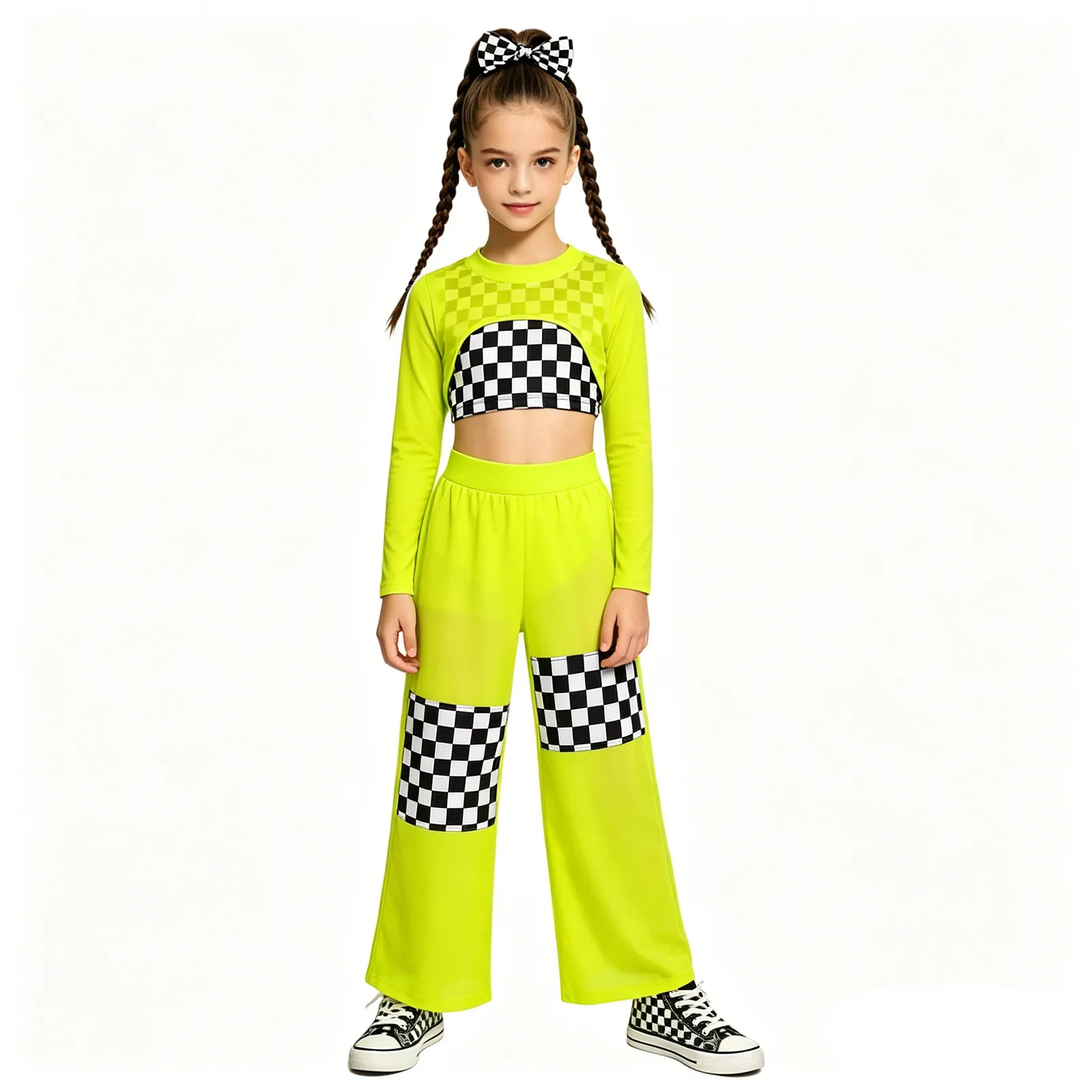 

Girls Halloween Carnival Racer Car Driver Costume Checkerboard Vest with Mesh Crop Top Pants Hip Hop Jazz Street Dance Outfit