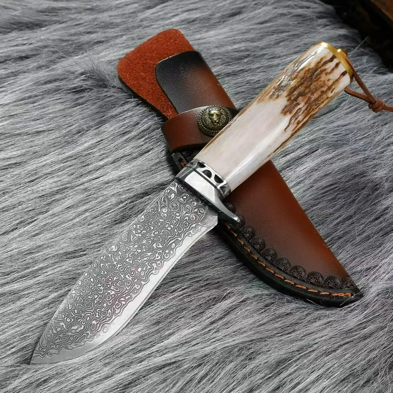 

VG10 Damascus antlers handle Straight knives With Leather Sheath edc multitool Daily at home outdoor bushcraft tactical knife