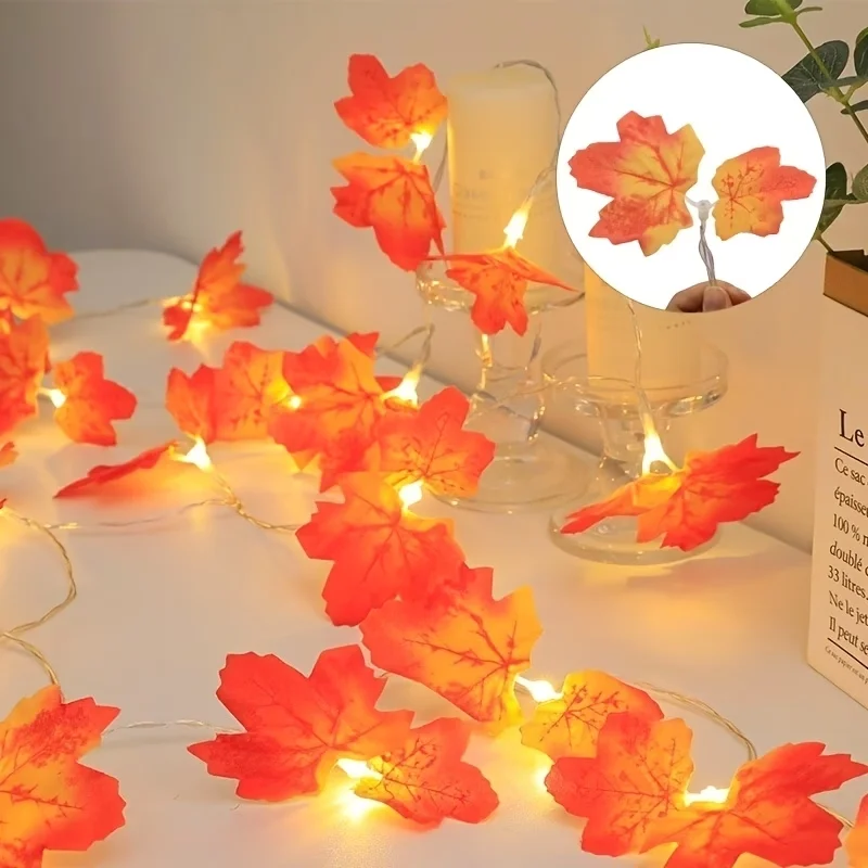 1pc LED Battery Powered Double Red Maple Leaf Halloween Fall String Light Good Gift Perfect For Home Bedroom Park Patio Decor