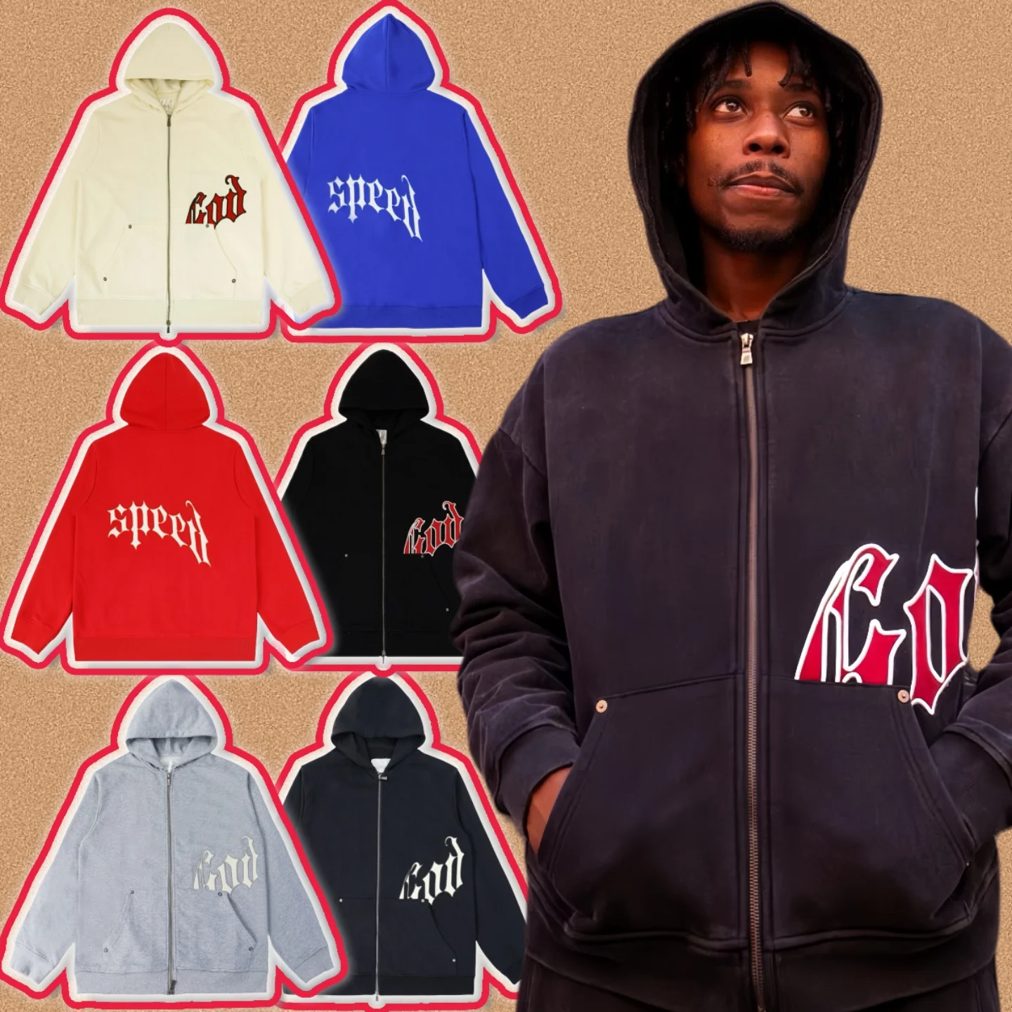 

Godspeed Hoodie American Street Retro High Street Casual Hooded Open Cardigan Sweatirt Set Trendy Youth Spring Autumn Winter