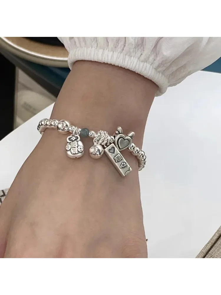 *Fashion Silver Color Love Heart Bead Bracelet for Women Girl 2024 New Simple Bamboo Joints Lucky Wing Ethnic Jewelry Gift