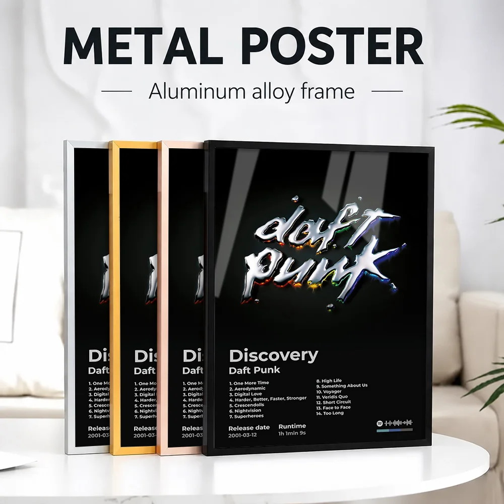 Daft Punk Discovery Album Cover Framed Metal Poster Personalized Photo Moody Studio Style Wall Art For Listening Room Fan Gift