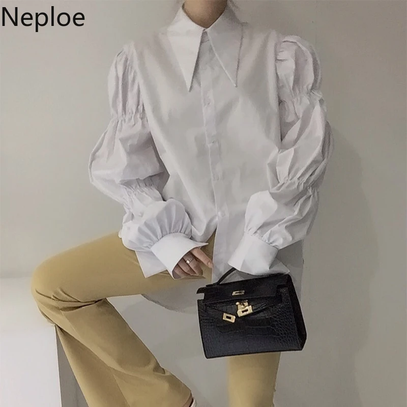 Neploe Women Blouse Chic High Street Tops Korean Vintage Turn-down Collar Loose Long Blusas Mujer Puff Sleeve White Shirt 4H419