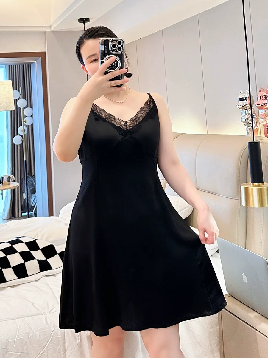 New Plus Size Women Nightgowns V-neck Sleeveless Suspende Sexy Sleepwear Solid Color Paneled Lace Luxe Night Dress Summer Thin