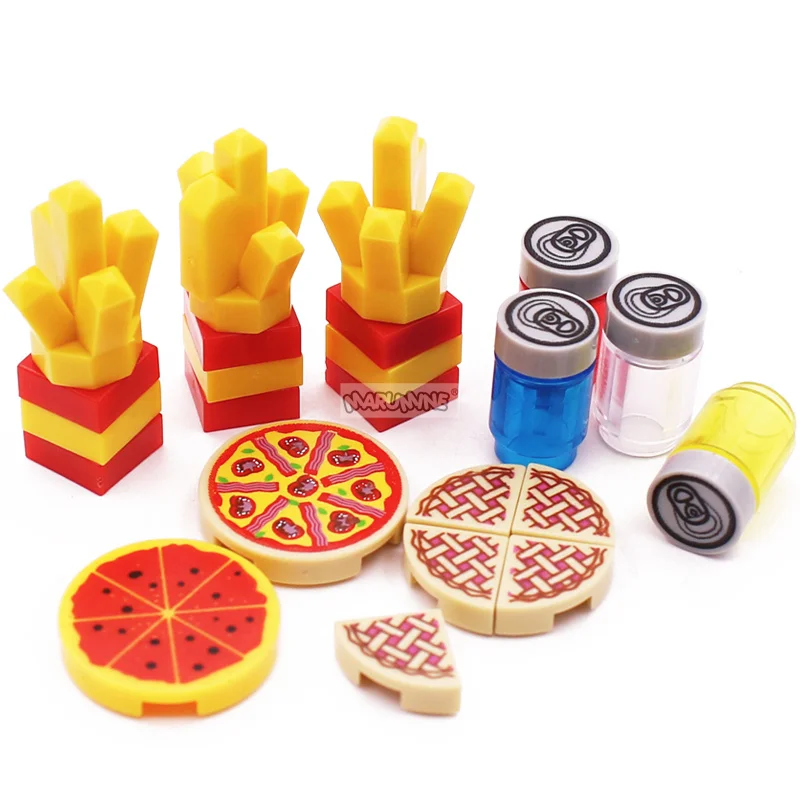 Marumine Mini Food Building Blocks Kitchen Accessories Hamburger Pizza Fries Cake Chocolate Cookies MOC Bricks Toy Basket Parts