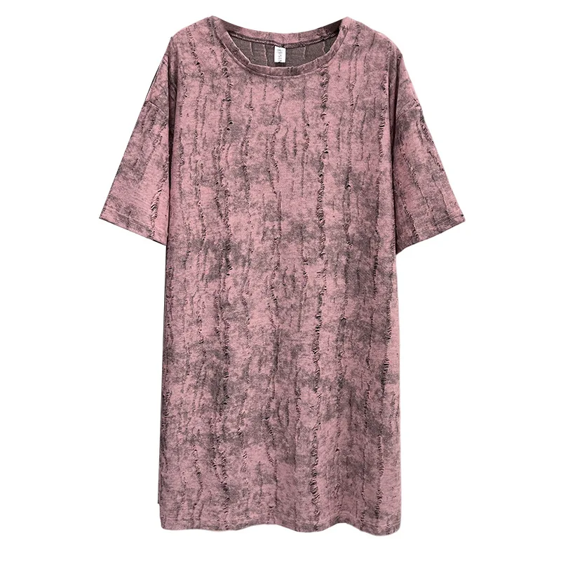 Gaun Wanita Ukuran Besar 100KG Gaun Lengan Pendek Lubang Robek Panjang Menengah Modis Baru Musim Panas 1648