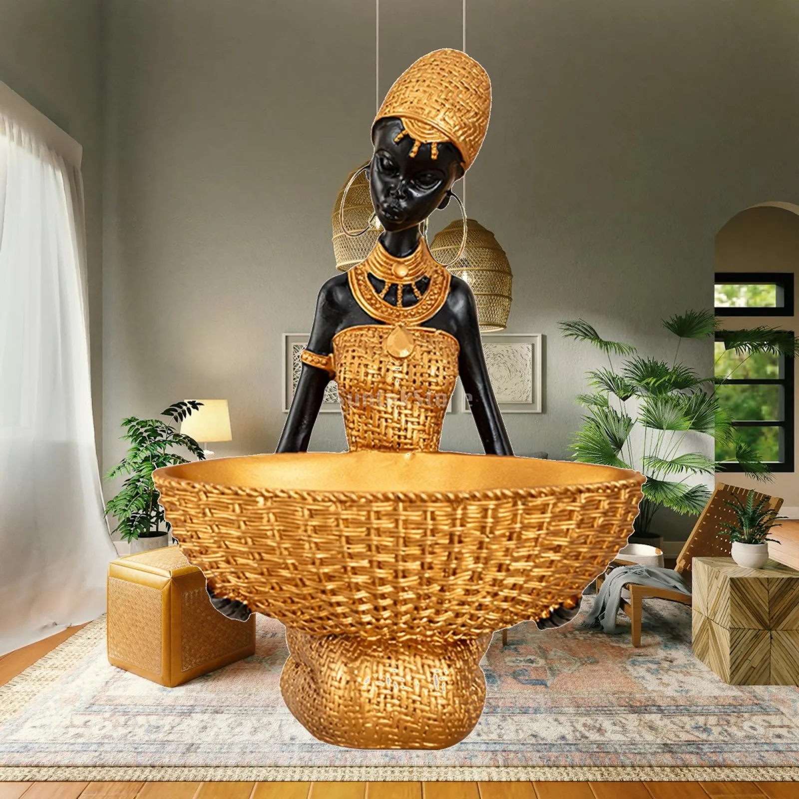 Luxury African Woman Statue Resin Tray Modern Decorative Figurine Desk Ornament for Office Entryway Shelf Bedroom Room Decor