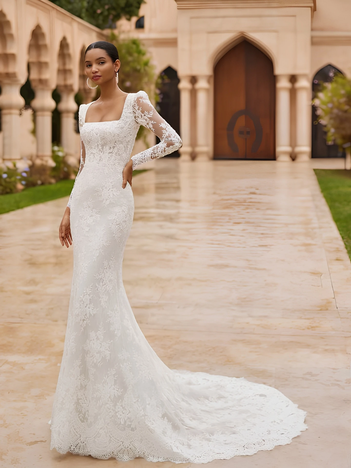 

Square Neck Long Sleeve Lace Mermaid WeddingDress Keyhole Back Pearl Buttons Cathedral Train Bridal Gown Custom Vestido De Novia