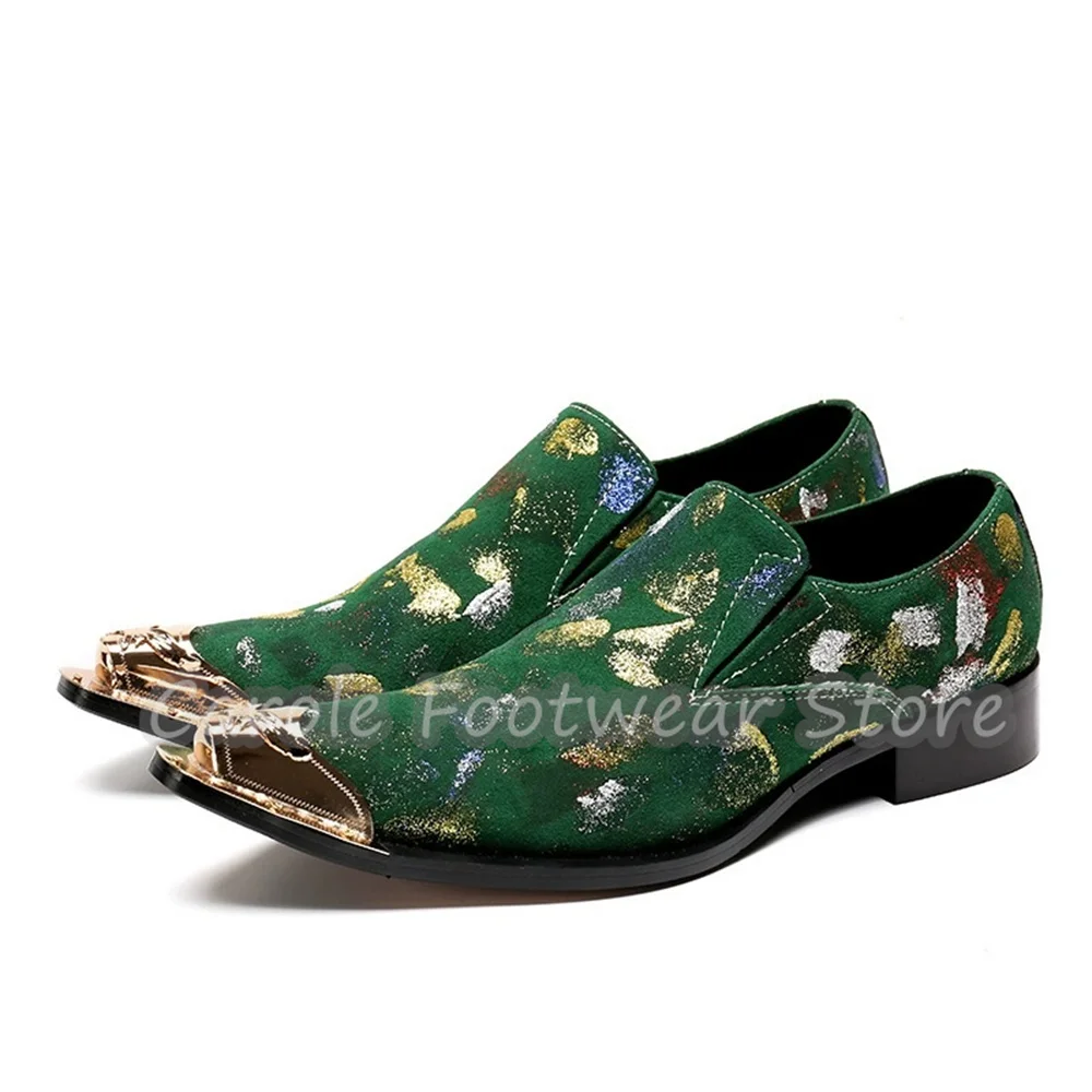Green Leather Colorful Glitter Splash Ink Print Loafers Male Metal Pointed Toe Slip On Dress Shoes Wedding Party Dress Footwear