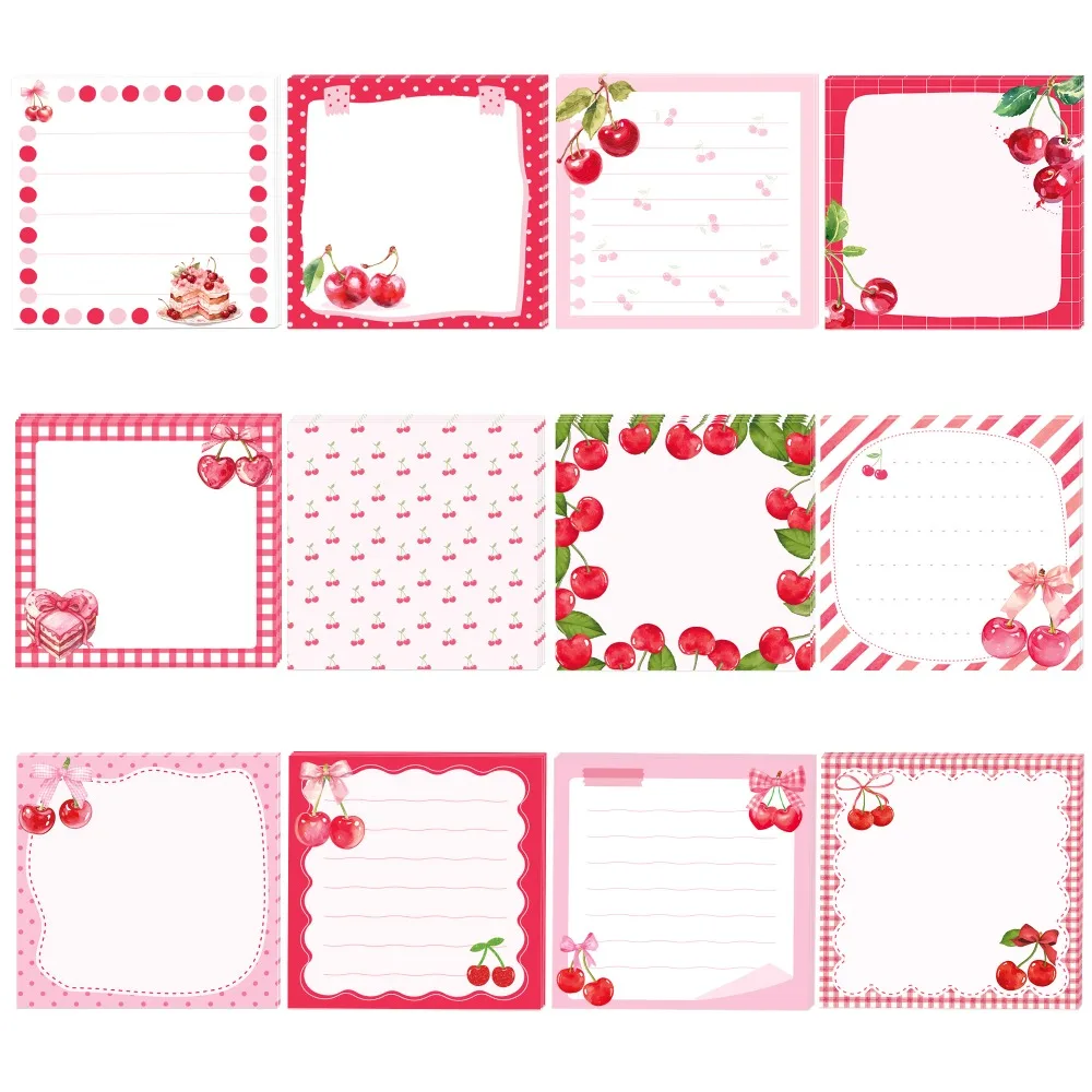 12pcs Red Cherry Memo Pads Set Self-Stick Notes Pads Refrigerator Sticky Notes Cute Stationery for Home Use Office Supplies