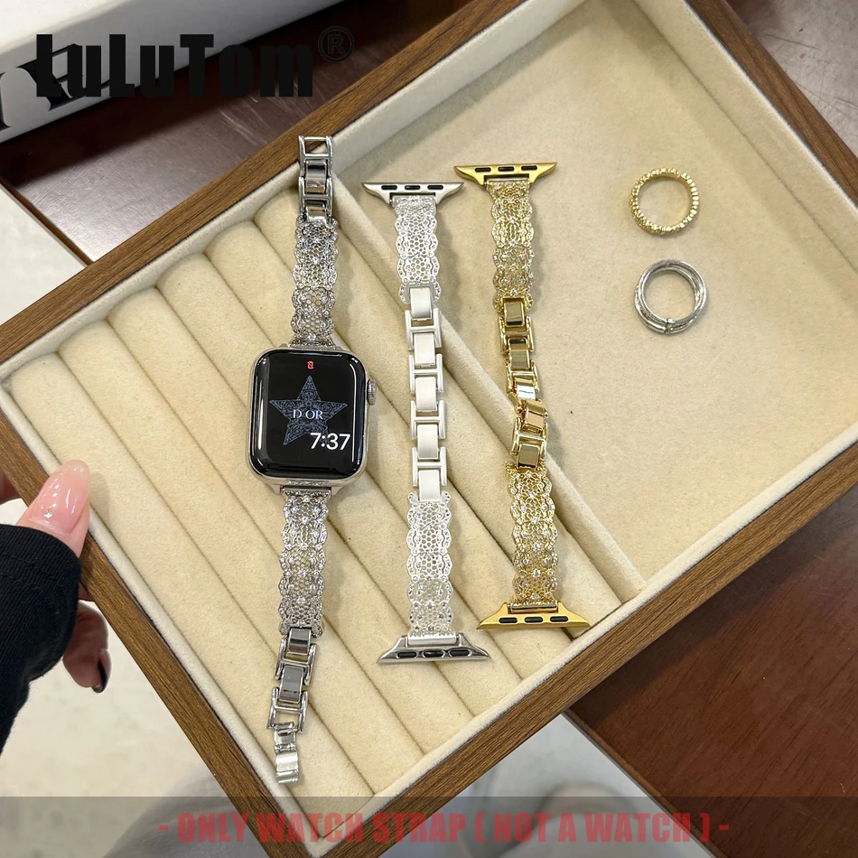 

Металлический кружевной цирконовый ремешок для Apple Watch Series 10 9 8 7 6 SE 5 4 3 Ультра роскошный ремешок iwatch 46 42 38 40 41 44 45 49 мм Браслет