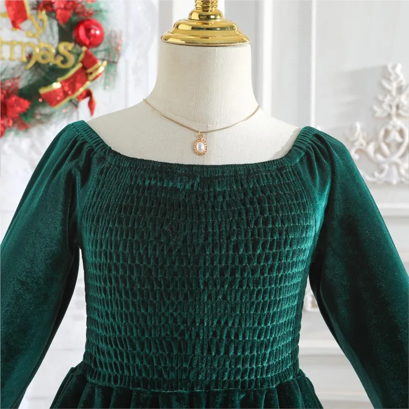 Girl Princess Velvet Dress Long Sleeve Spring Autumn Winter Child Vestido Red Green Party Birthday Christmas Baby Clothes 1-5Y