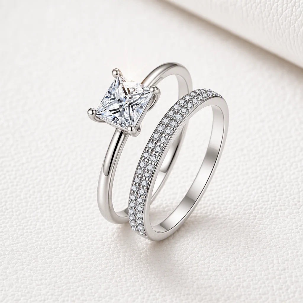 Women 925 Sterling Silver 2Pcs Princess Cut Moissanite Ring Set 4 Prong Engagement Ring with Pave Wedding Band GRA Certified Sta