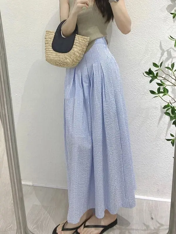 Wedbleser Fashion Blue Striped A-line Midi Skirt Women Summer Pear Shaped Figure High Waist Hip Covering Pleated Midi Skirts