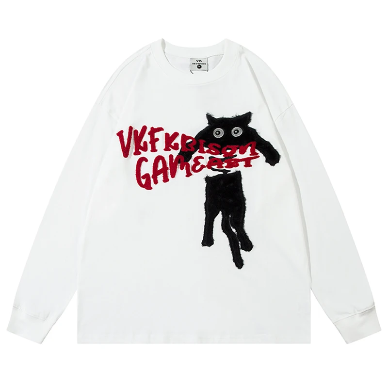 

Autumn Men Long Sleeve T-Shirts Hip Hop Cartoon Cat Embroidery T Shirts 2025 Streetwear Harajuku Casual Cotton Top Tees Clothing