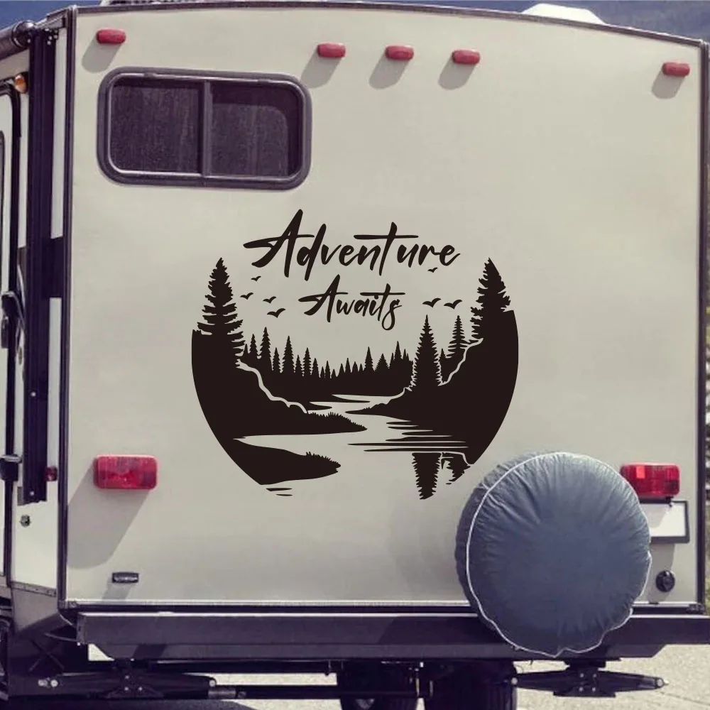 

Large Adventure Awaits Mountain Woodland Camper Rv Car Sticker Decal Caravan Van Motorhome Decor