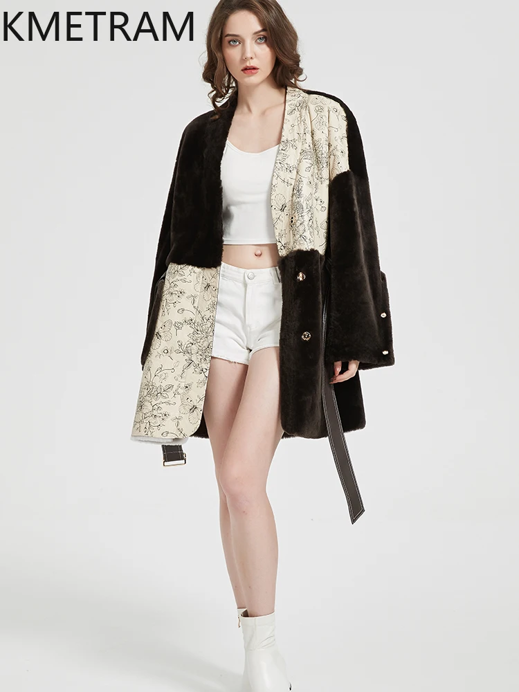 KMETRAM-abrigo de piel de oveja Natural con lana, abrigo de piel atada, chaqueta estampada de color café de longitud media para invierno 2025, con cinturón, шу onder