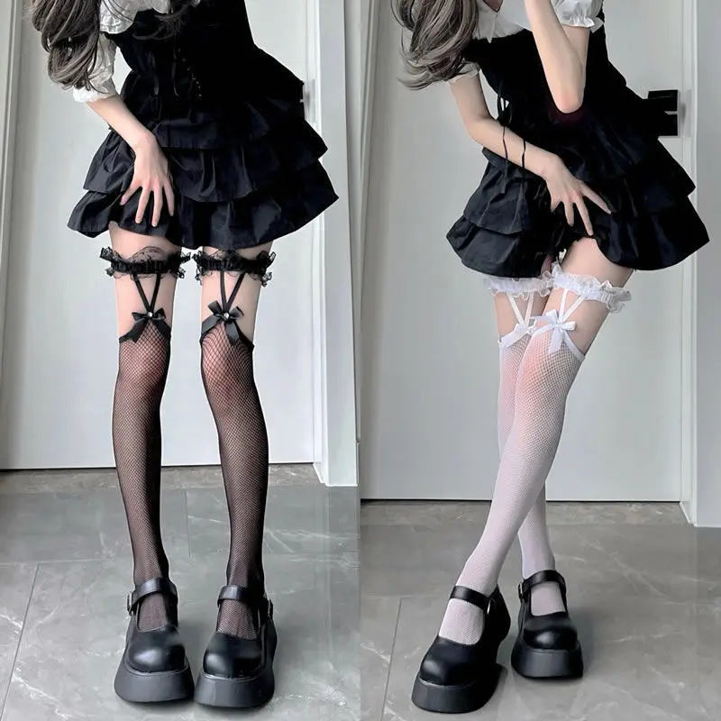 Bas de cuisse en résille pour femmes, chaussettes longues Harajuku JK Lolita, jarretelles à nœud papillon, chaussettes hautes au genou, maille évidée