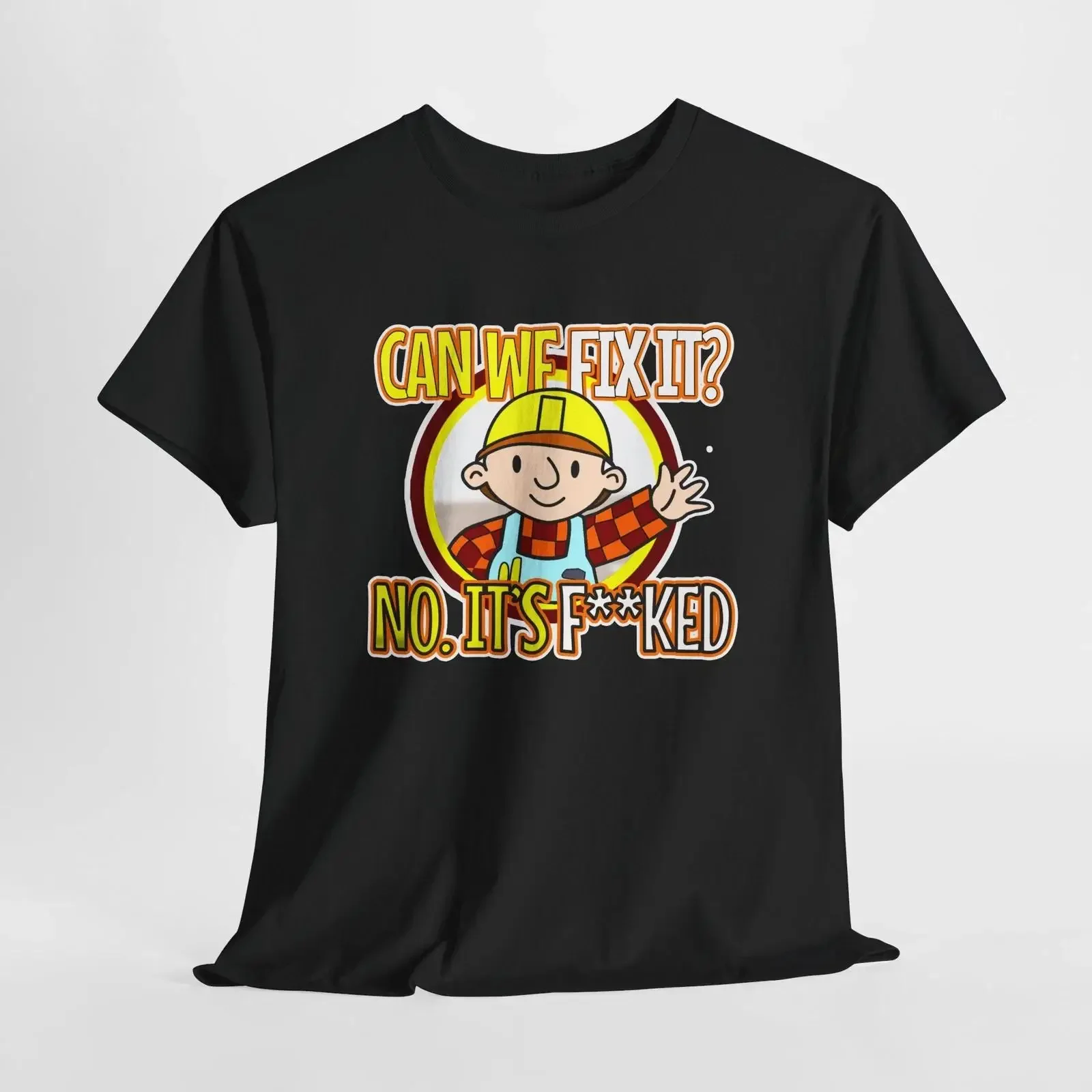 Camiseta divertida de Bob el Constructor con la frase 'Can We Fix It', estilo vintage, lavada y elástica, para uso diario, ligeramente desgastada.