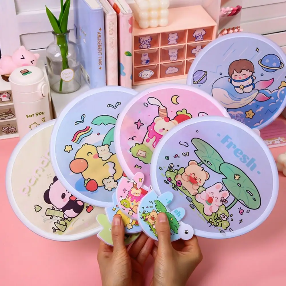 Multi Style Cartoon Flying Disk Fan Round Cooling Folding Fan with Handle Collapsible Fan Group Fan for Lawn