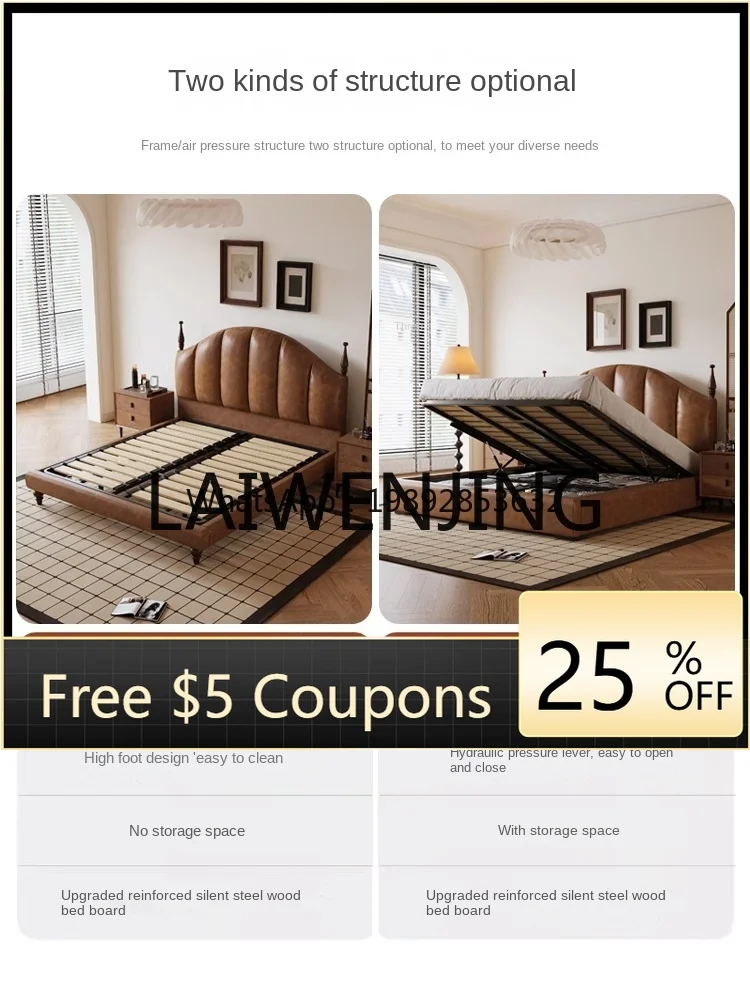 

XTC8Retro Leather Bed Antique Style Oil Wax Light Luxury Master Bedroom First Layer Cowhide Double Storage Leather Bed