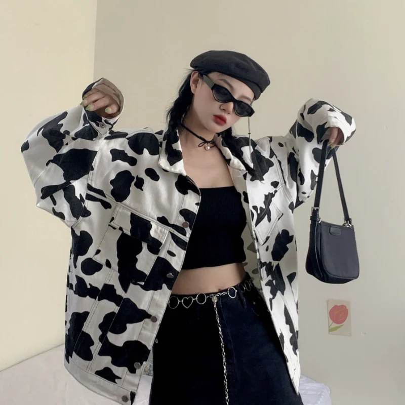 2023 Harajuku Streetwear Cow Print Cropped Female Jacket Casual Buttons Coat Women Cardigan Spring Autumn Jackets Outwear New