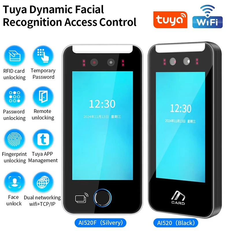 5 pollici Tuya APP WIFI AI Carta biometrica dinamica Impronte digitali Riconoscimento facciale Presenza Macchina di controllo accessi Schermo HD 1080P