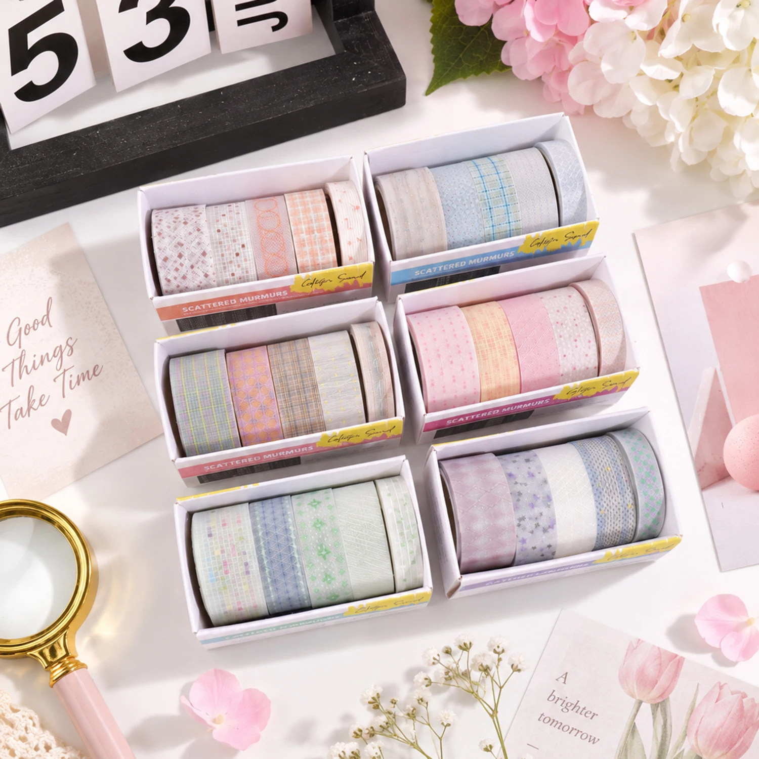 5 Rolls/Box 3 Assorted Widths X 2m Soft Pastel Washi Tape, Grid Dot Plaid Star for Scrapbooking Journal DIY Craft Decor Tape
