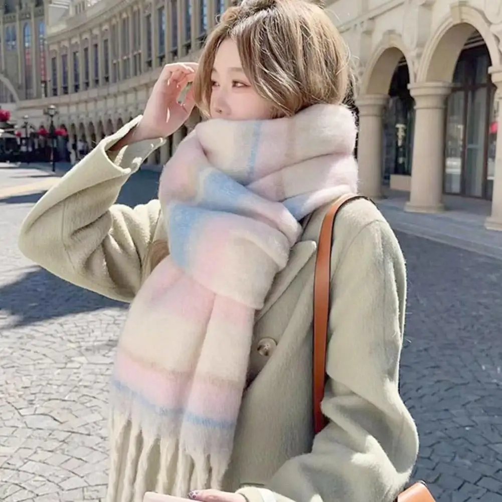 Women's Winter High-End Feel Scarf Autumn/Winter New Fashionable Versatile Angora Necklace Thickened Striped Maillard Pashmina