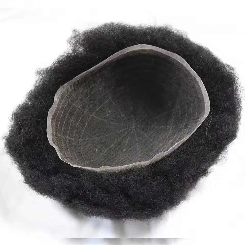 8mm 12mm Afro Kinky Curly Breathable Full Lace Natural Hairline Men's Toupee Black 100% Human Hair Wig Bleached Knots Prosthesis