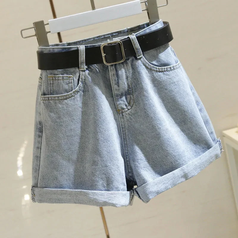 Korean Rolled Basic Denim Shorts Women with Square Belt Shorts Fashion Loose Casual Jeans High Street Harajuku Y2K Shcool Shorts