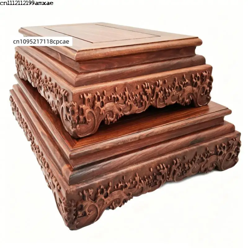 Solid Ebony Wood Display Stand Square Pedestal Base Riser Shelf Desktop Home Office Ornament Decor for Vase Buddha Crystal Stone