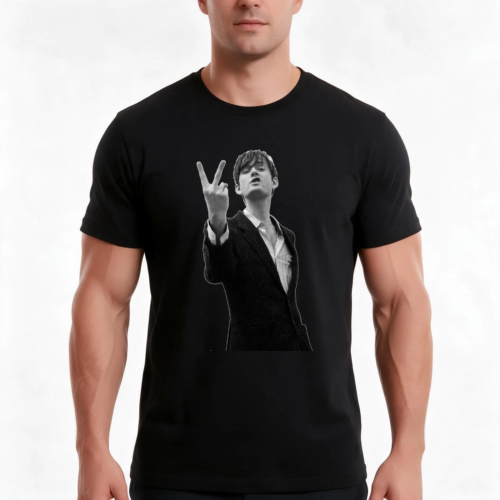 Jarvis Cocker Outline V Sign Artwork with Autograph Clear Background Iconic T-Shirt, Summer Casual Cotton Tee, Unisex Men Women
