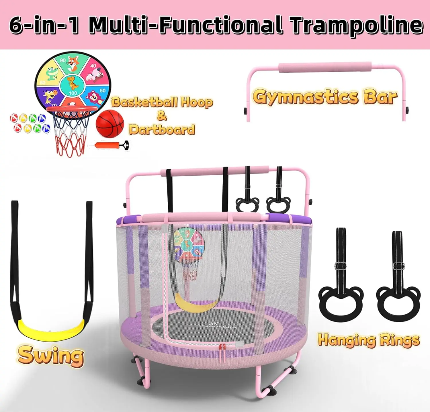 Trampoline for Kids, 5ft Mini Toddler Indoor & Outdoor Trampoline with Net, Basketball Hoop & Dart Board, Birthday Gifts for Boy