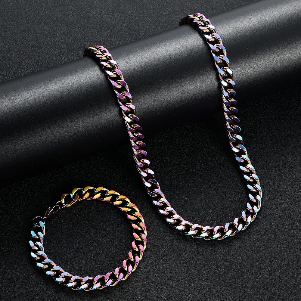 New Arrival Width 10MM 316L Titanium Steel Plated Colorful Cuban Chain Necklace Bracelet Fashion Hip Hop Jewelry Set For Men